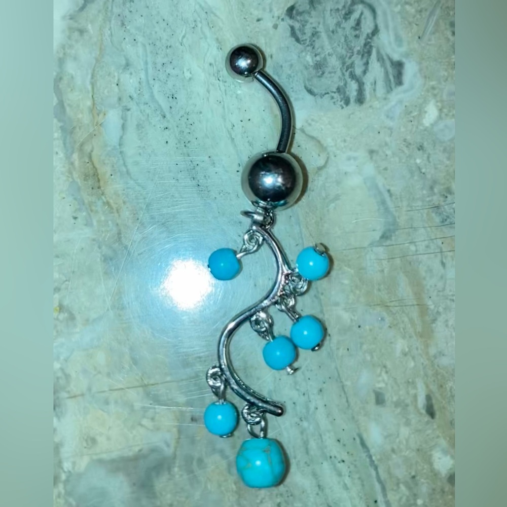 Turquoise color Chandelier Stainless steel w/surgical steel BELLY RING bar 2”